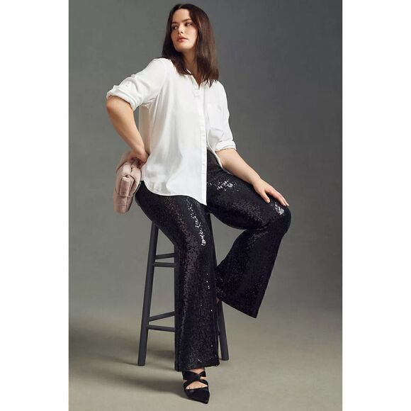 Anthropologie Joni Sequin Flare Pants Black Cocktail Party Sparkle US 4 NWT - Picture 9 of 11